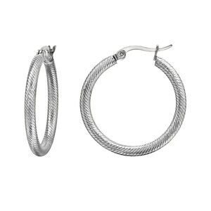 Stainless Steel Silver Twisted Hoop Earrings 30mm Textured Hoops